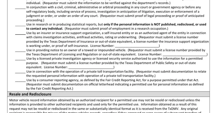 txdmv form vtr 275 governmental entity including law, In conjunction with a civil, Use by an insurer or insurance, with claims investigation, Resale and Redisclosure Motor, and ess the blanks to insert
